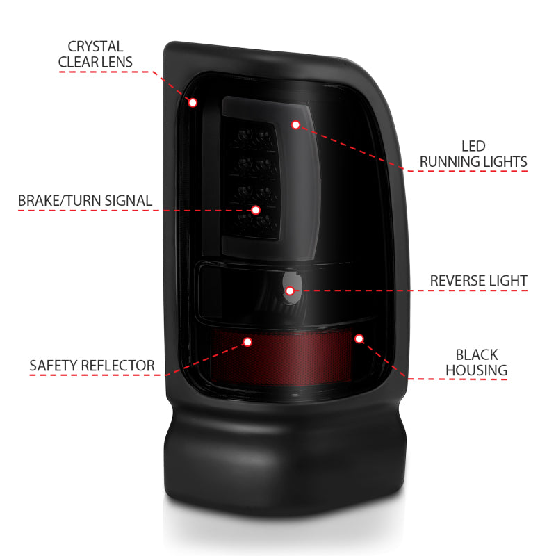 ANZO 1994-2001 Dodge Ram 1500 LED Taillights Plank Style Black w/Smoke Lens-SR1 Performance