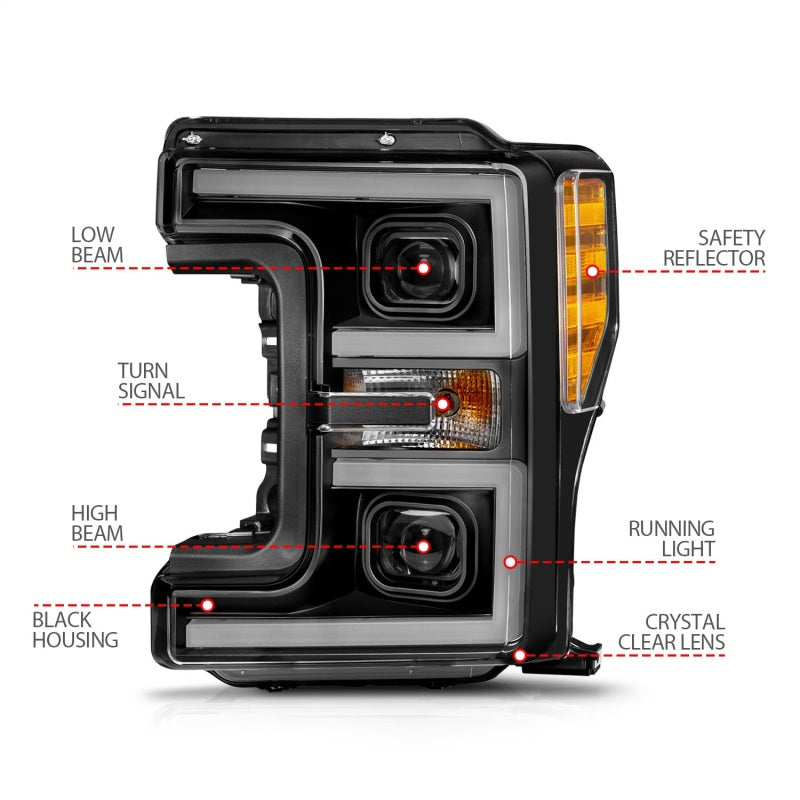ANZO 17-19 Ford F-250/350/450 SD (w/o Factory LED) LED Proj Headlights w/Light Bar Switchback Blk-SR1 Performance