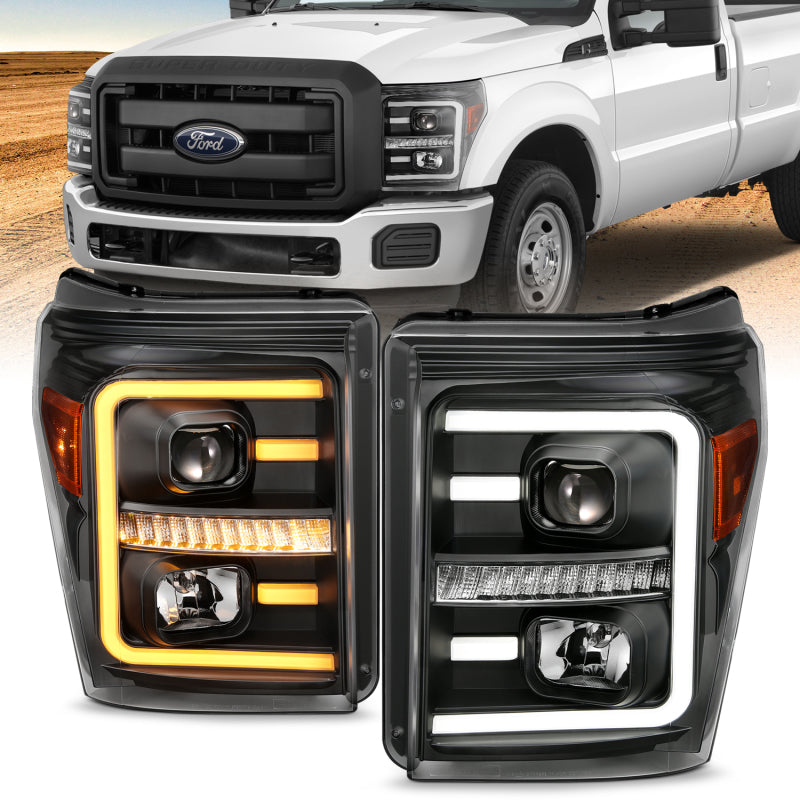 ANZO 2011-2016 Ford F250 Projector Headlights w/ Plank Style Switchback Black w/ Amber-SR1 Performance