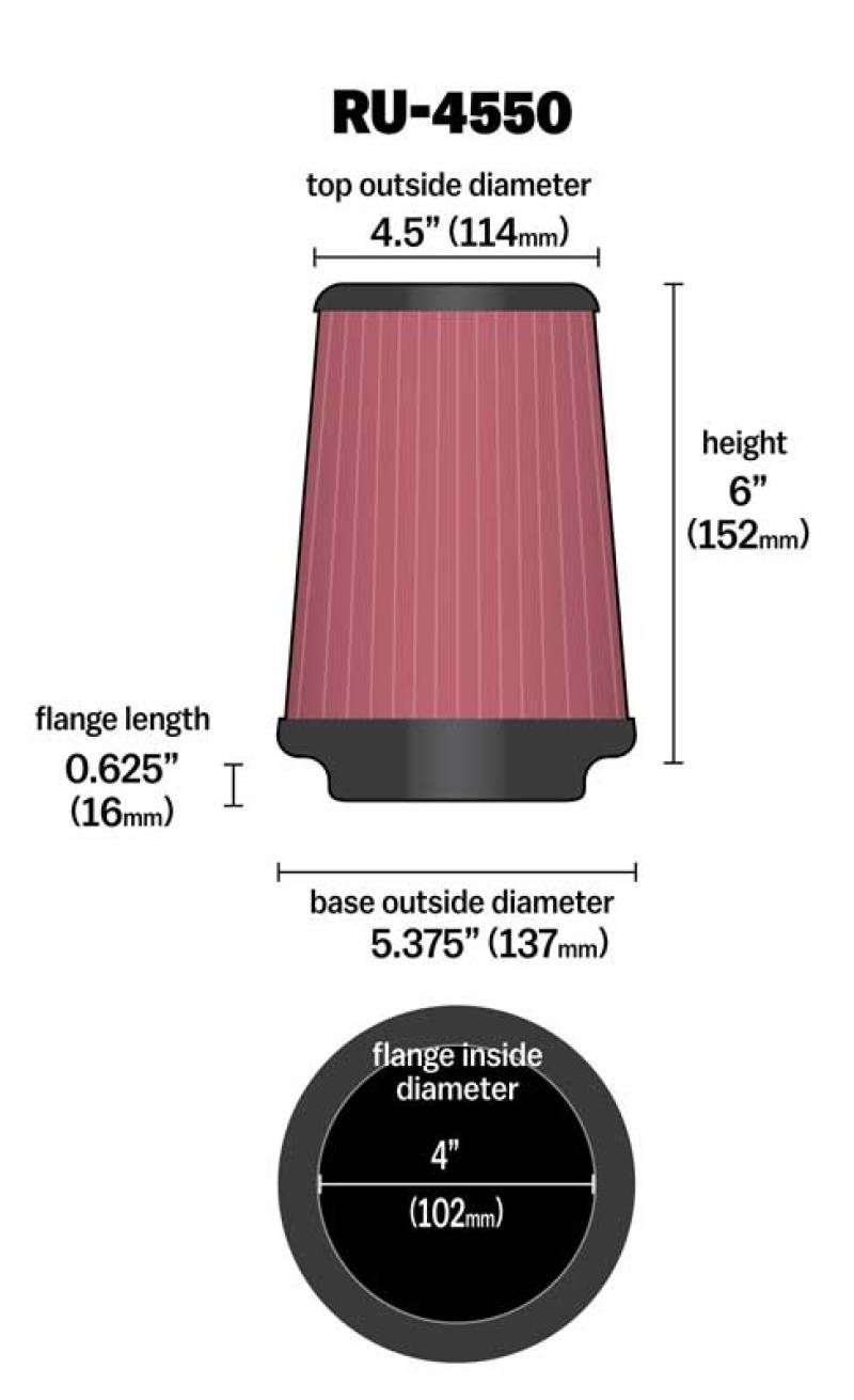 K&N Universal Air Filter 4in Flange / 5-3/8in Base / 4-1/2in Top / 6in Height-SR1 Performance