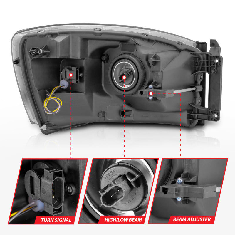 Anzo 06-09 Dodge RAM 1500/2500/3500 Headlights Black Housing/Clear Lens (w/ Light Bars)-SR1 Performance