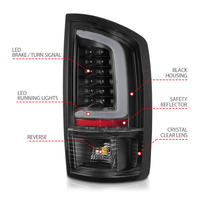ANZO 2002-2006 Dodge Ram 1500 LED Tail Lights w/ Light Bar Black Housing Clear Lens-SR1 Performance