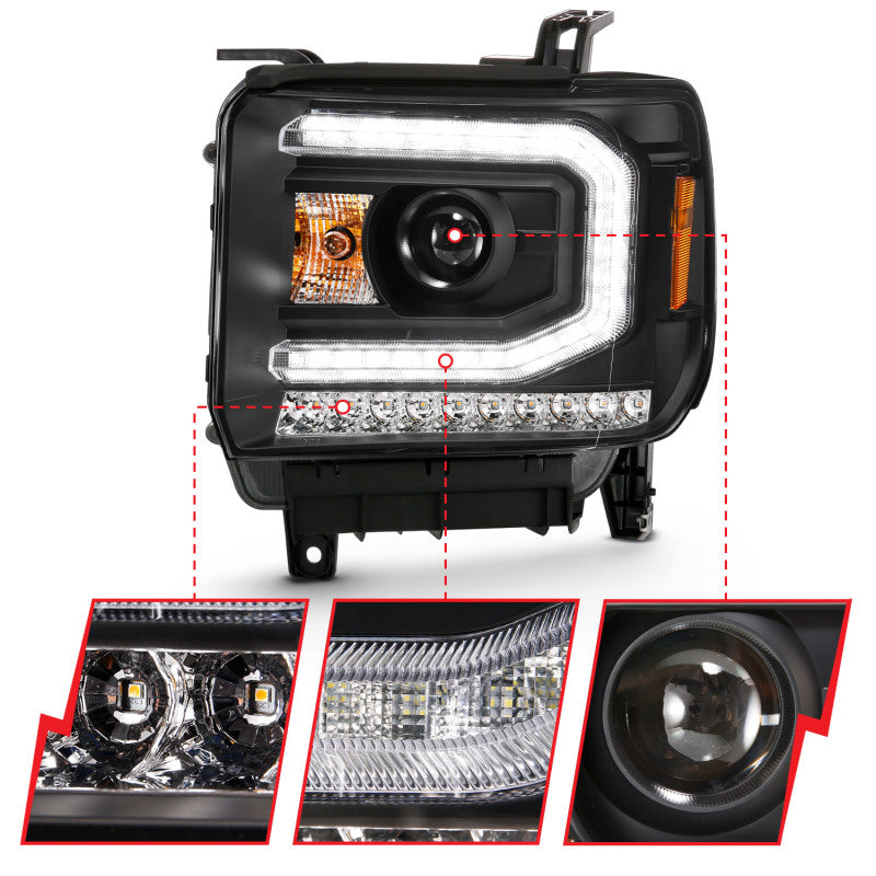 ANZO 2016-2019 Gmc Sierra 1500 Projector Headlight Plank Style Black w/ Sequential Amber Signal-SR1 Performance