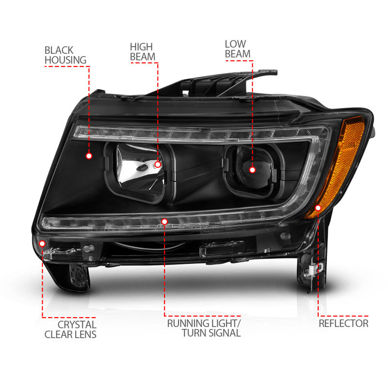 ANZO 11-13 Jeep Grand Cherokee (Factory Halogen Only) Projector Headlights w/Light Bar Swtchbk Black-SR1 Performance