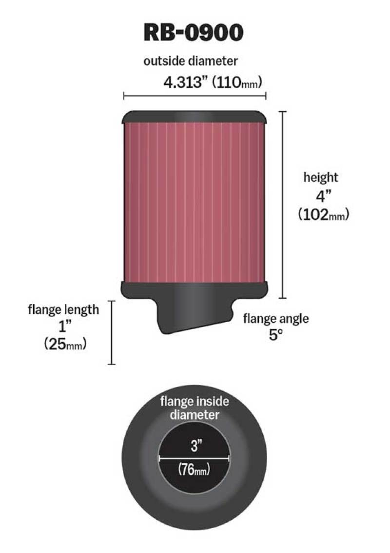 K&N Universal Rubber Filter 3 inch 5 Degree FLG 4 1/2 inch OD 4 inch Height-SR1 Performance
