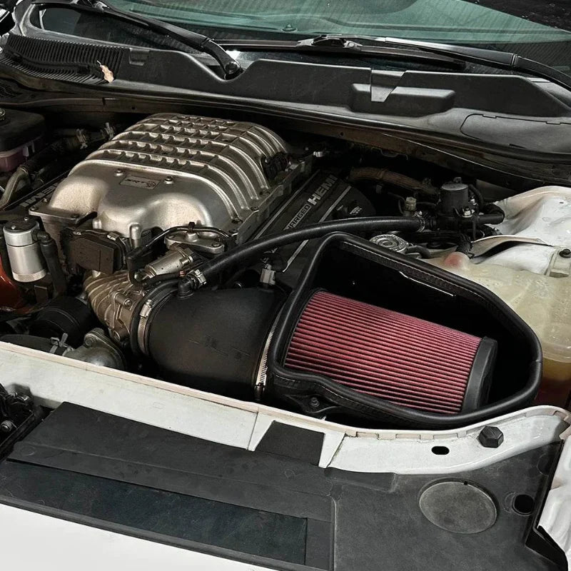 2021-2023 Dodge Charger Hellcat & 2019-2023 Dodge Challenger Hellcat (Including Redeye, Demon, Super Stock) - S&B installed in the engine compartment of a vehicle.