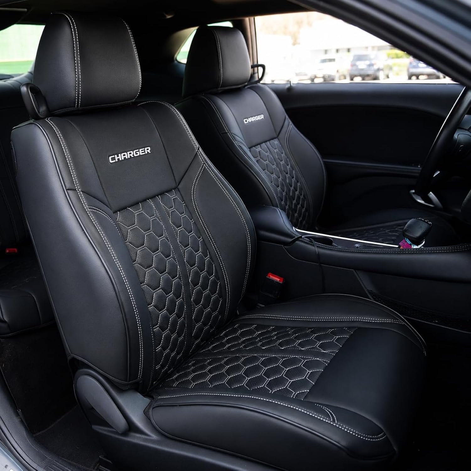 Kustom Interior Custom Fit Seat Covers - Premium Artificial Leather, Front & Rear Seat Protection with Embroidered Logos for Dodge Charger/Challenger & Jeep Wrangler/Gladiator