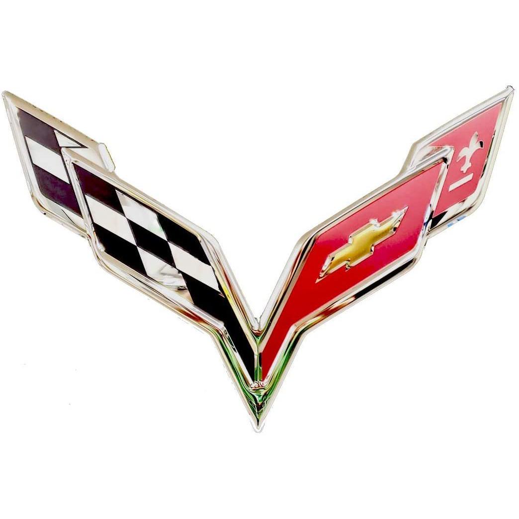 C7 Corvette Crossed Flags Stainless Steel Wall Hanging Sign - Chrome : 22" x 15"