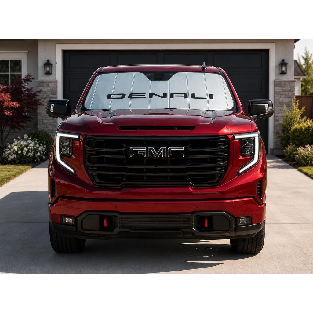 SR1 Performance USA GMC Sierra Denali Windshield Sunshade for 2019-2026 Sierra 1500, 2500HD, 3500HD Denali – Insulated Foldable Accordion Style Silver Custom Fit Sun Shade – Blocks UV Rays