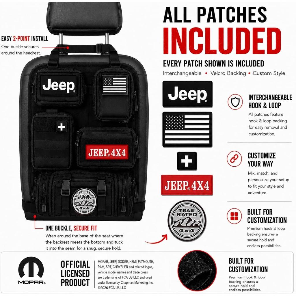 Car Seat Back Organizer with 2 Interchangeable Rubber Patches – Heavy Duty 600D Polyester Multi-Pocket Storage Organizer, Seat Protector Kick Mat for Jeeps