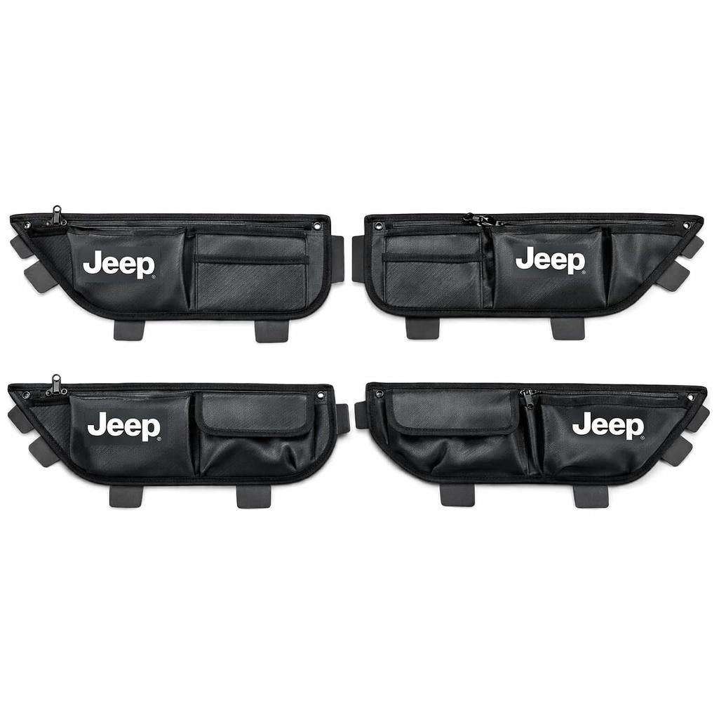 Jeep Wrangler JL & Gladiator JT Door Storage Pockets (4 Pack) – Officially Licensed Jeep Interior Organizer, Premium PU Leather Material, Easy Install Side Door Grab Handle Storage Bags (Jeep Logo)