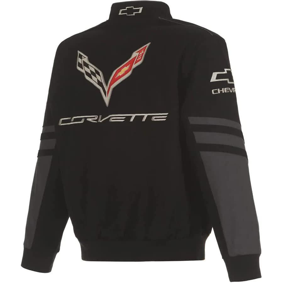 SR1 Performance C7 Corvette Embroidered Jacket - Classic Twill Racing Style Snap Up Design - Black