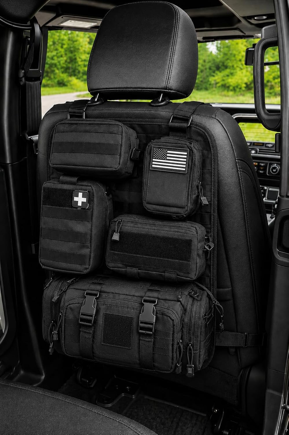 Universal Car Seat Back Organizer with 2 Interchangeable Rubber Patches – Heavy Duty 600D Polyester Multi-Pocket Storage Organizer, Seat Protector Kick Mat for Cars, SUVs, Trucks & Jeeps