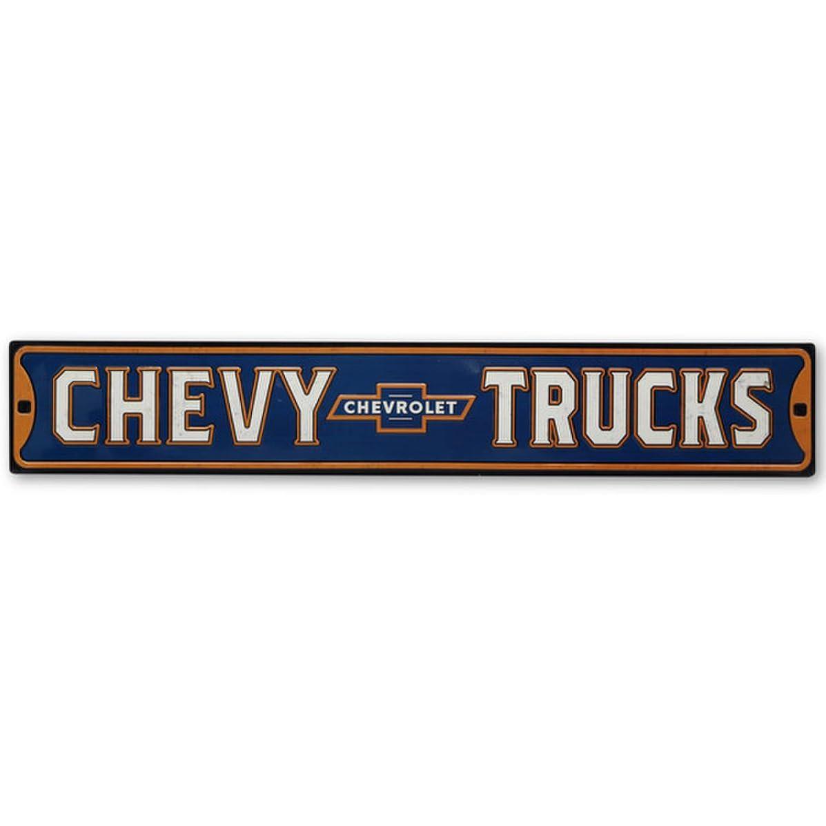Chevy Trucks Embossed Metal Street Sign - Vintage Chevrolet Sign for Garage or Man Cave - Officially Licensed by GM
