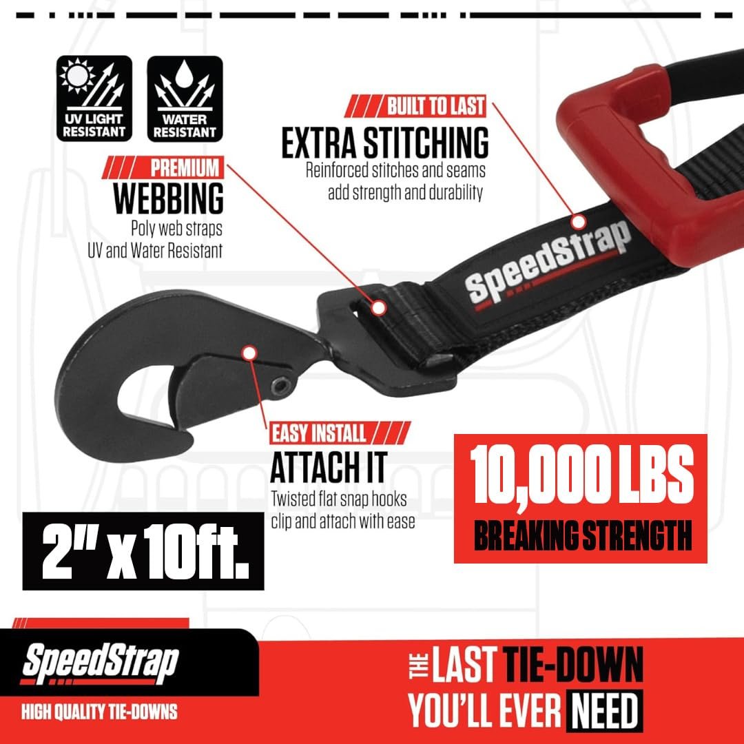 SpeedStrap Through Wheel Car Tie Down Straps for Trailers (4-Pack) - 2 Inch x 10 Feet (10,000lb Break Strength) Heavy-Duty Tire Straps with Snap Hooks & Lasso's - for Trailers, UTVs, Cars - Black