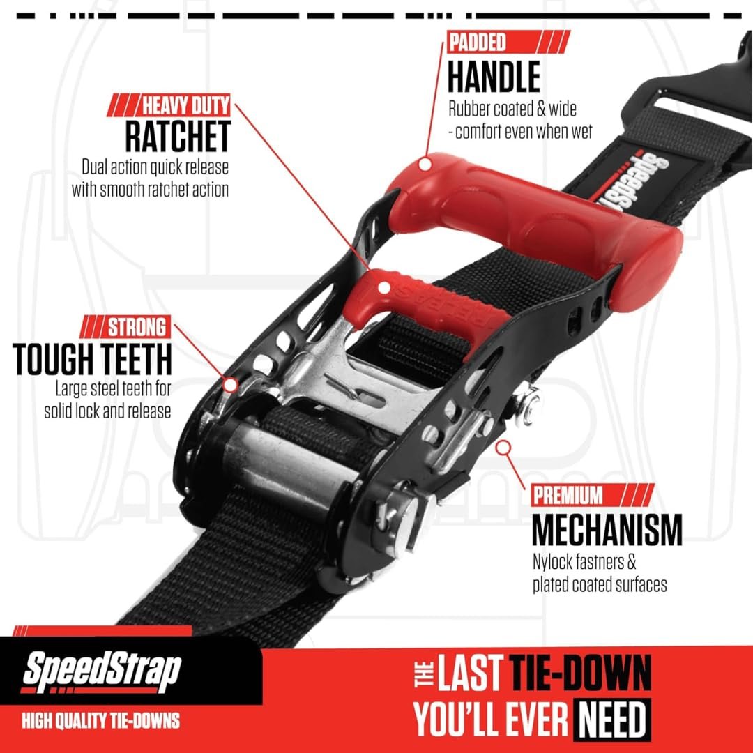 SpeedStrap Through Wheel Tie-Down, Black 1.5" x 10' Strap - Secure UTV to Trailer, 4,000 lb Max Capacity - Premium Ratchet Mechanism, Easy Loop Design