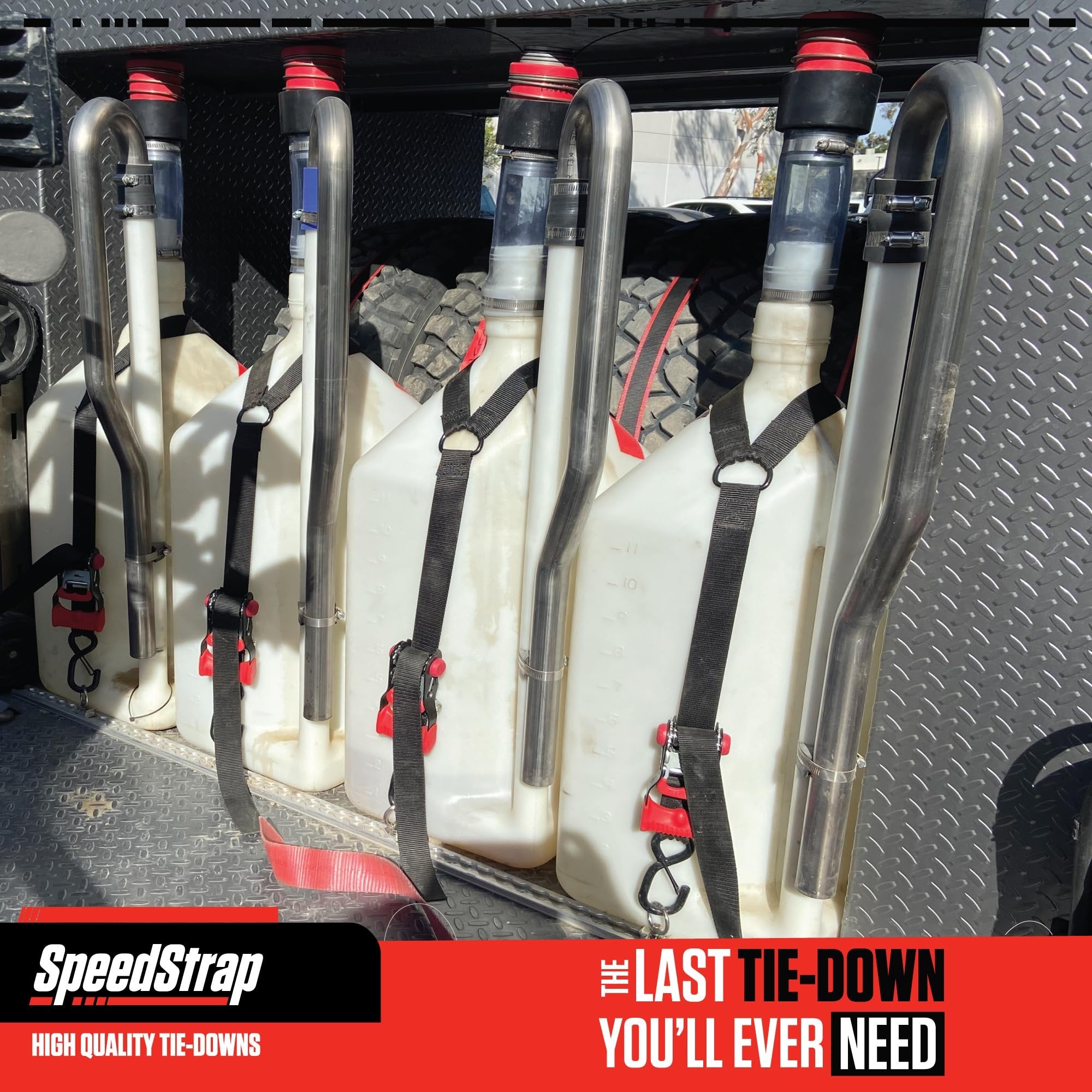 SpeedStrap Fuel Jug Tie Down. Ideal for Gas Cans, Dump Cans, Utility Jugs & Jerry Cans. Fits Most 2.5, 5 & 10 Gallon containers. - Black (1 Tie Down)