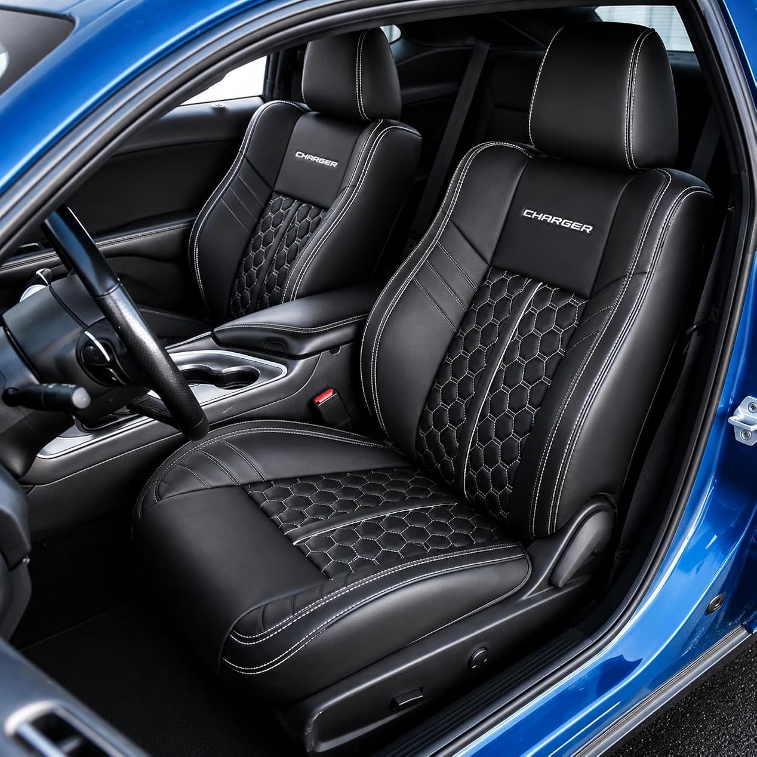 Kustom Interior Custom Fit Seat Covers - Premium Artificial Leather, Front & Rear Seat Protection with Embroidered Logos for Dodge Charger/Challenger & Jeep Wrangler/Gladiator