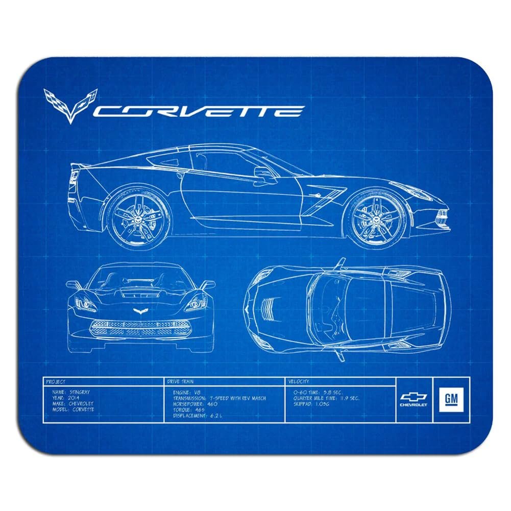 C7 Corvette Stingray Blueprint Mouse Pad - Non-Slip Desk Mat with Stable Rubber Base for Desktop - Officially Licensed by GM-SR1 Performance