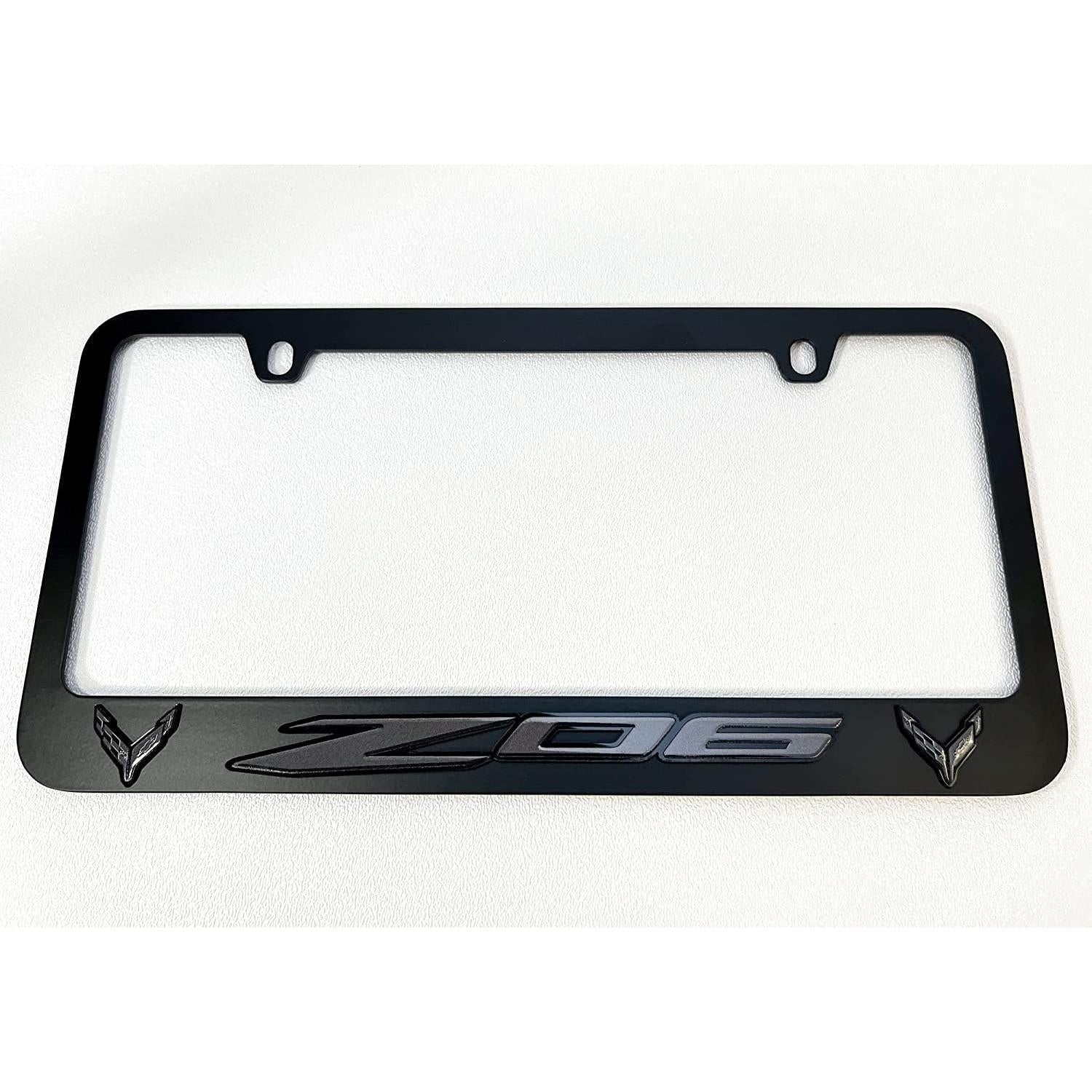 Corvette Black License Plate Frame W/Z06 & Monochromatic Flags Logo : C8 Z06