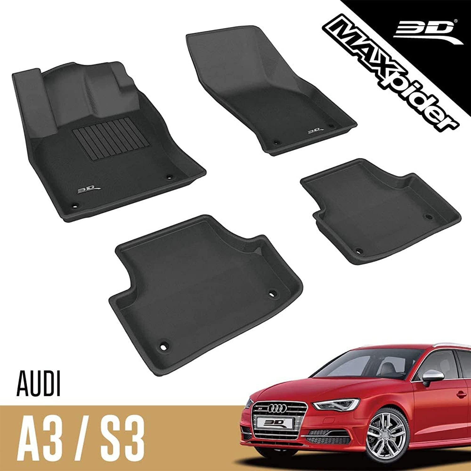 3D MAXpider Complete Set Custom Fit All-Weather Floor Mat for Select Audi A3/S3 Models - Kagu Rubber (Black)-SR1 Performance