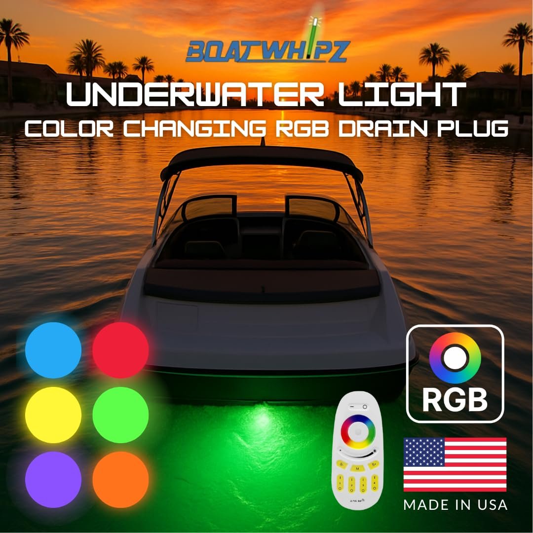 SR1 Performance Boat Whipz Underwater Marine Drain Plug RGB Color Changing LED Light - 1/2in Standard NPT, USA Made, 316L Marine Stainless Steel