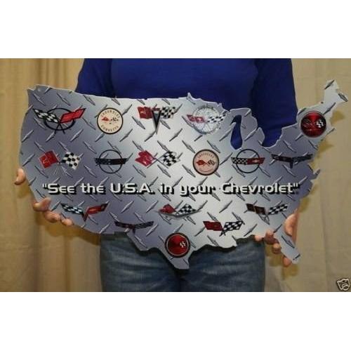 "See the USA in your Chevrolet" Corvette USA Map large automotive metal Sign - 24" x 14"