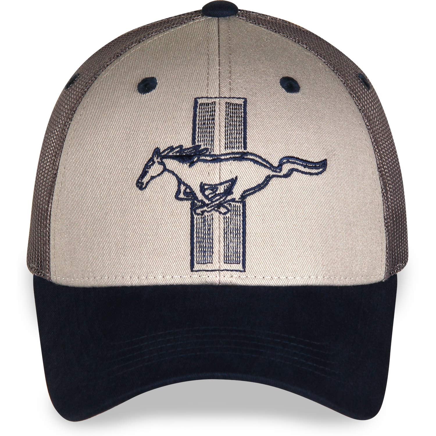 Officially Licensed Grey Twill and Ash Charcoal Mesh Ford Mustang Baseball Hat/Cap with Navy Blue Bill Featuring 3 Inch tri Pony on Front panes with Adjustable Closure