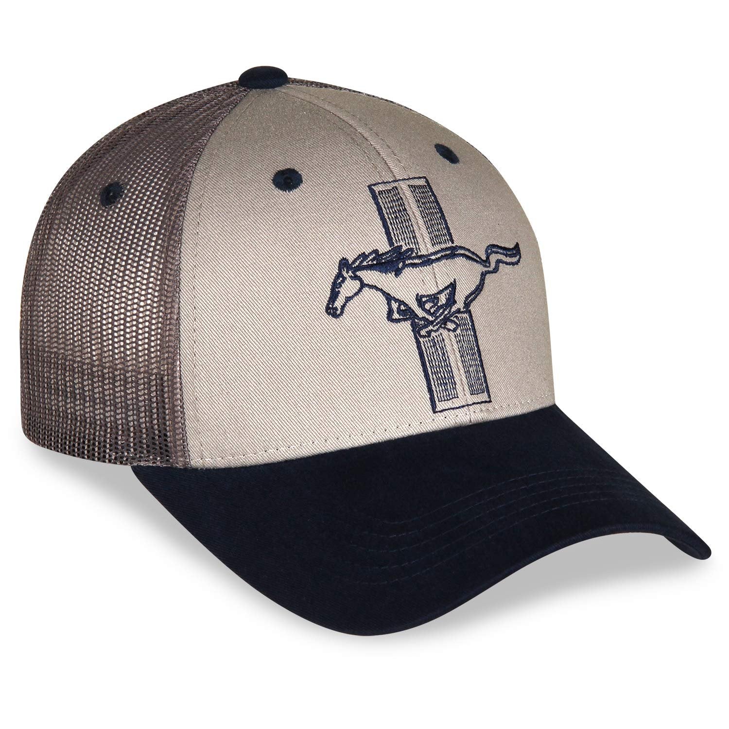 Officially Licensed Grey Twill and Ash Charcoal Mesh Ford Mustang Baseball Hat/Cap with Navy Blue Bill Featuring 3 Inch tri Pony on Front panes with Adjustable Closure