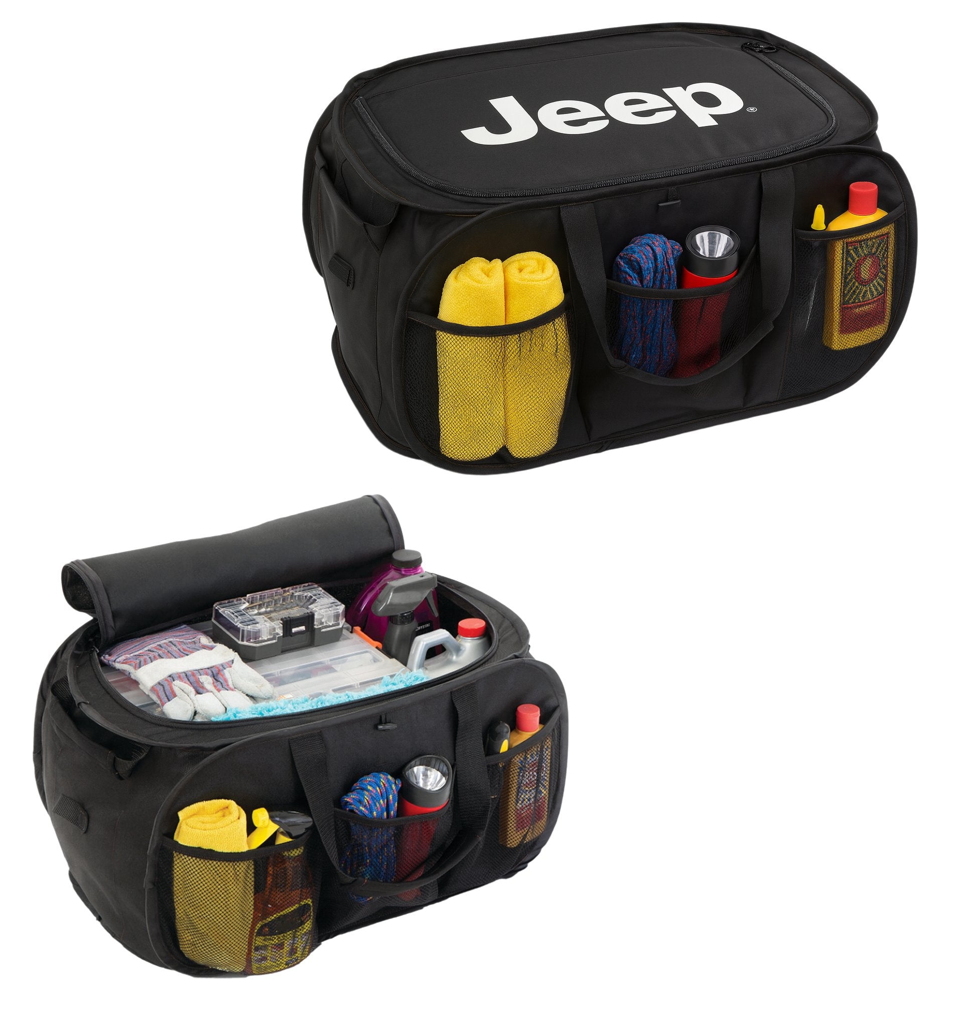 Jeep Pop Up Trunk Storage Organizer - Black Organization Expandable/Collapsable Caddy with Logo for Grand Cherokee, Wagoneer, Wrangler, Gladiator, Avenger, Compass, Renegade
