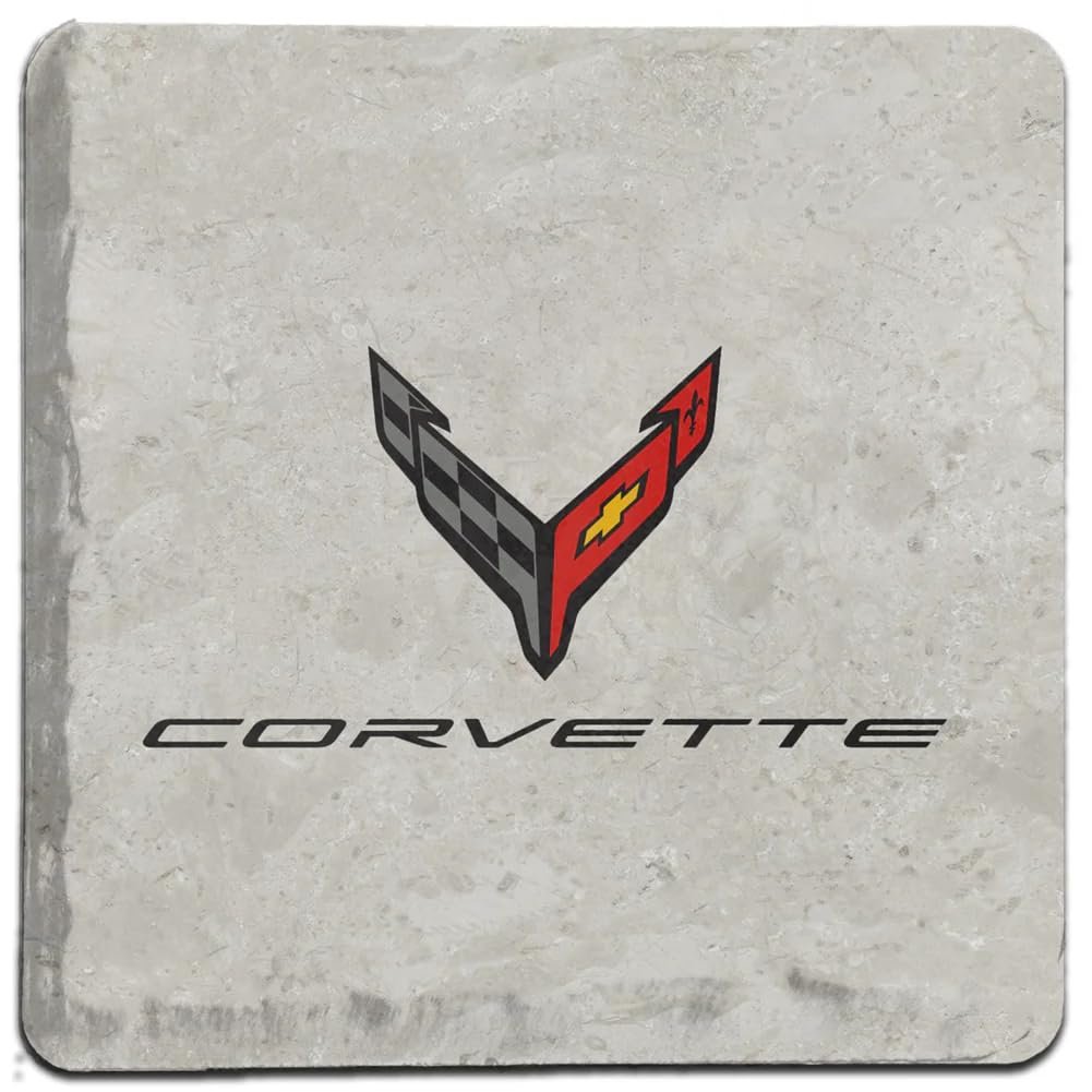 C8 Corvette 4"x4" Flags with Corvette Script Stone Tile Coaster (Individual) - Drink Pad for Coffee Table-SR1 Performance