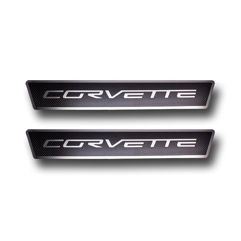 C6 Corvette Door Sill Plates - Stainless Steel Corvette Script with Carbon Fiber Overlay
