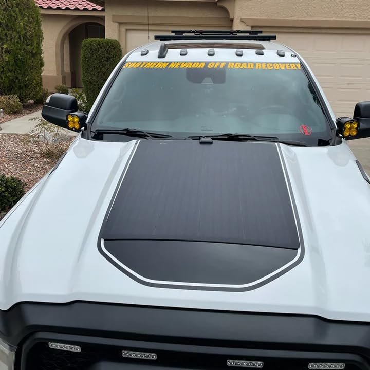 Lensun 100W 12V Hood Flexible Solar Panel for Ram 2500/3500 HD 5th Gen (2019-Present) - Off Grid Solar Power for Offroading/Overlanding/Camping (Solar Panel + MPPT Controller + Vinyl Decal)