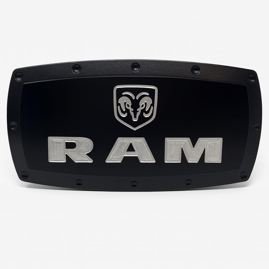 RAM Hitch Cover Plug - Black Billet Aluminum with Silver Logo - USA Made for Dodge Ram