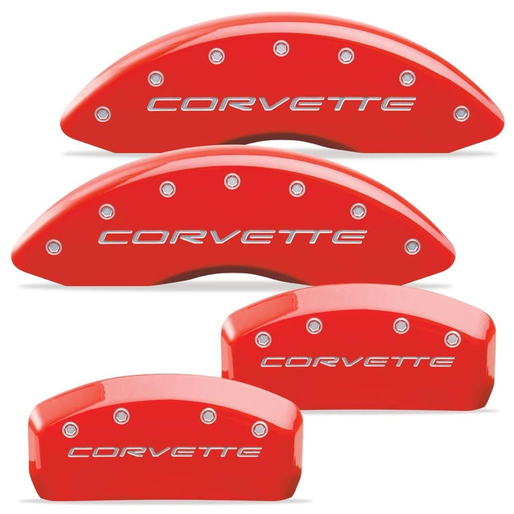 MGP Caliper Cover 13007-S-CVT-RD Red Powdercoat Brake Caliper Cover with Silver Corvette Letters for 17" and Larger Wheels Corvette, (Set of 4)