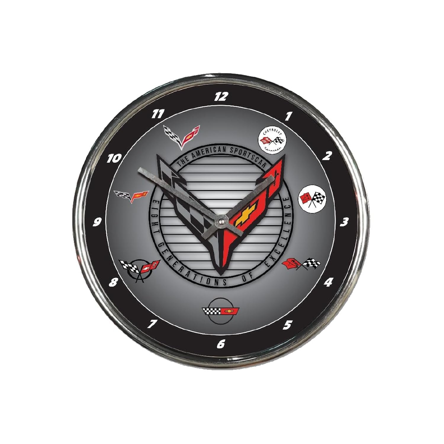 Corvette 8 Generations Clock C1 C2 C3 C4 C5 C6 C7 C8 – Official Chevrolet American Sportscar Design – 12" Chrome-Plated Quartz Analog Clock with Metal Hands