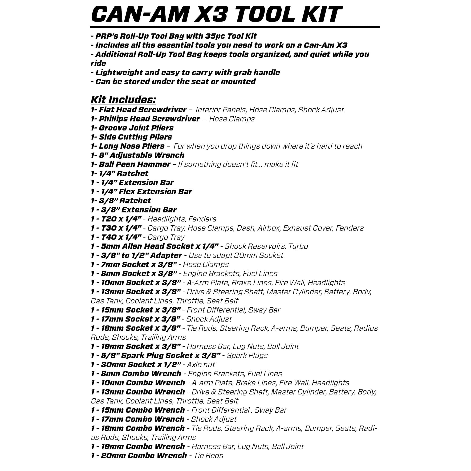 PRP UTV Tool Kit Roll-Up Storage Bag for Can-Am X3, Sport, Trail, Commander - 35 Piece-SR1 Performance