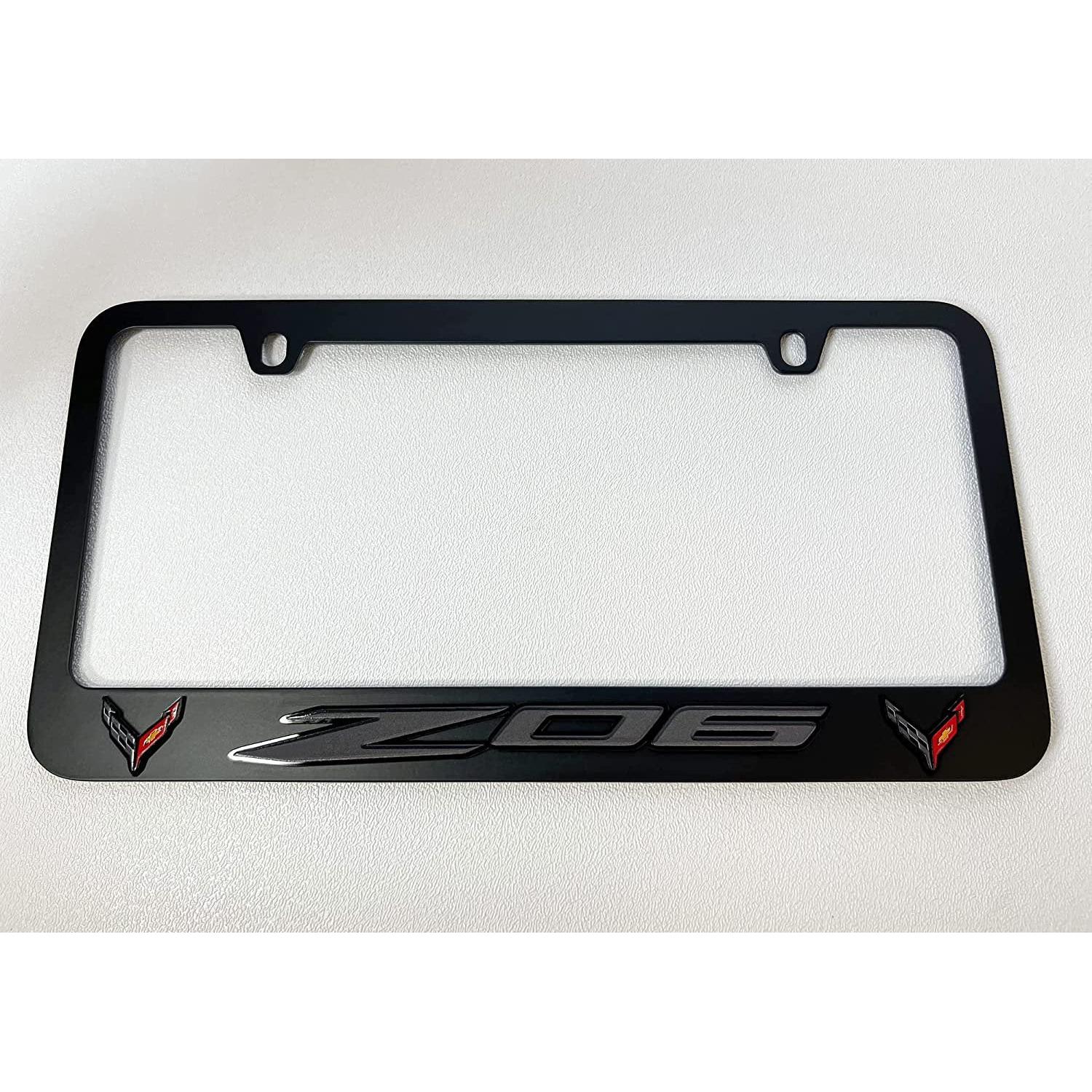 Corvette Black License Plate Frame W/Z06 & Flags Logo : C8 Z06