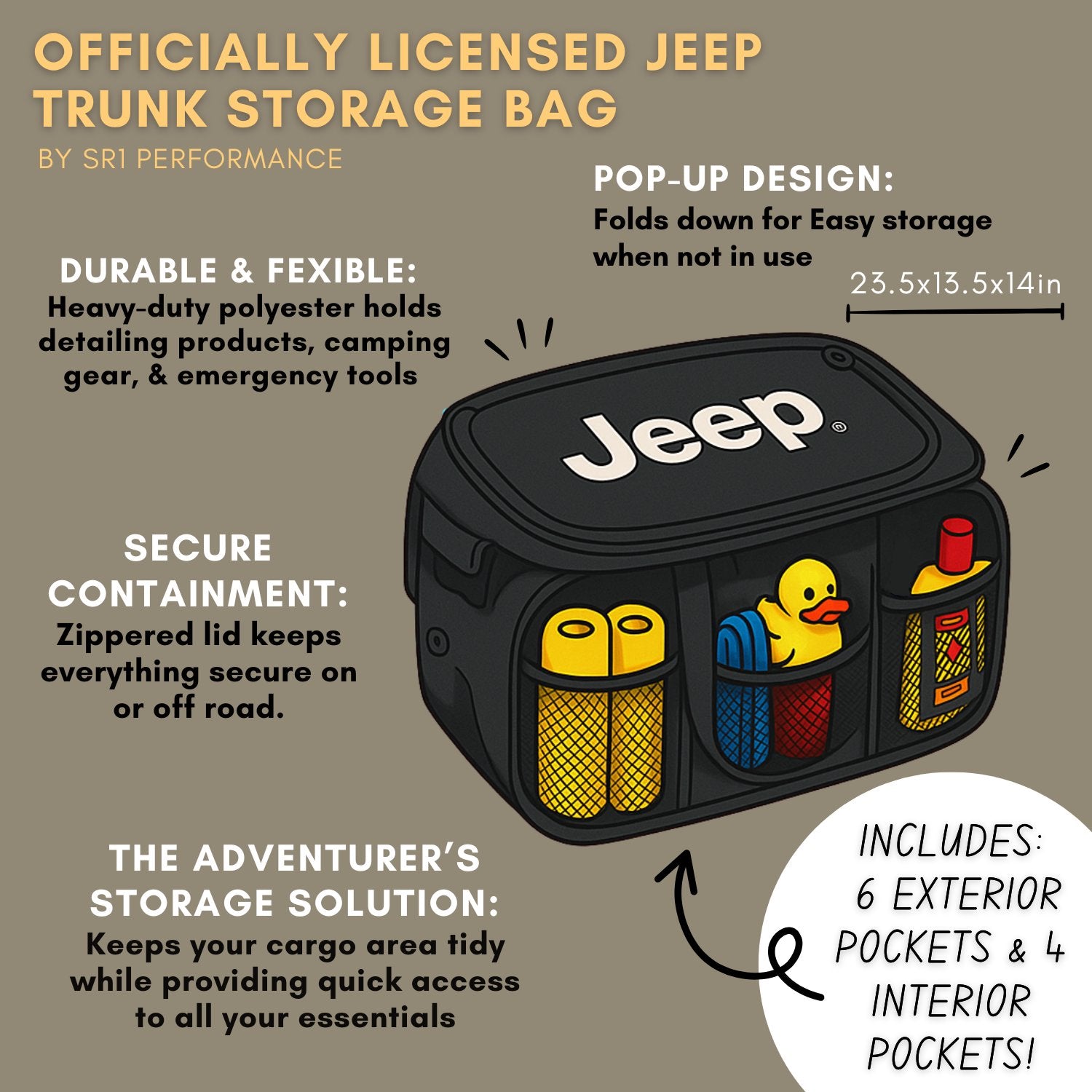 Jeep Pop Up Trunk Storage Organizer - Black Organization Expandable/Collapsable Caddy with Logo for Grand Cherokee, Wagoneer, Wrangler, Gladiator, Avenger, Compass, Renegade