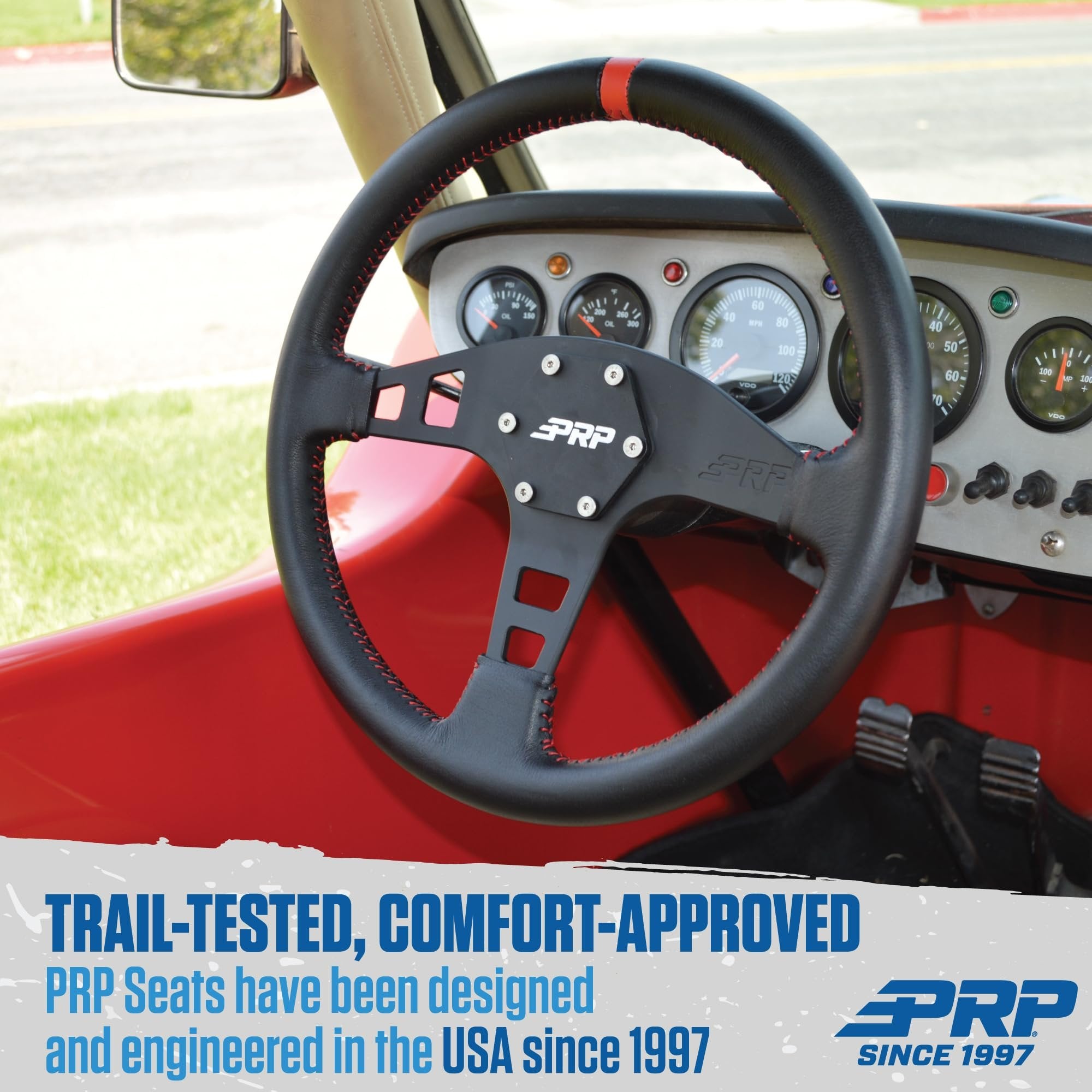 PRP Seats Off-Road Racing Flat Leather Grip Steering Wheel - Aluminum with Matte Black Finish
