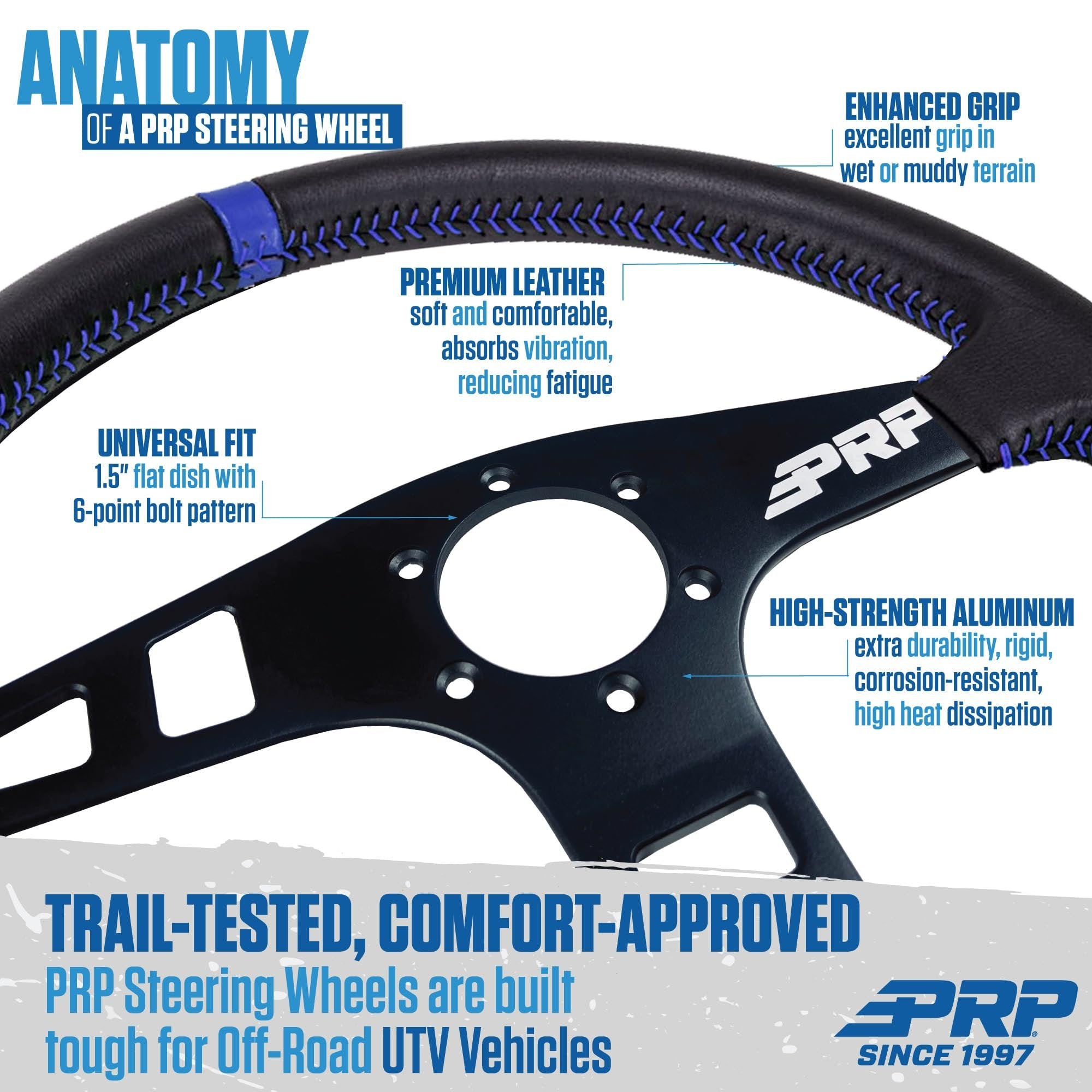 PRP Seats Off-Road Racing Flat Leather Grip Steering Wheel - Aluminum with Matte Black Finish