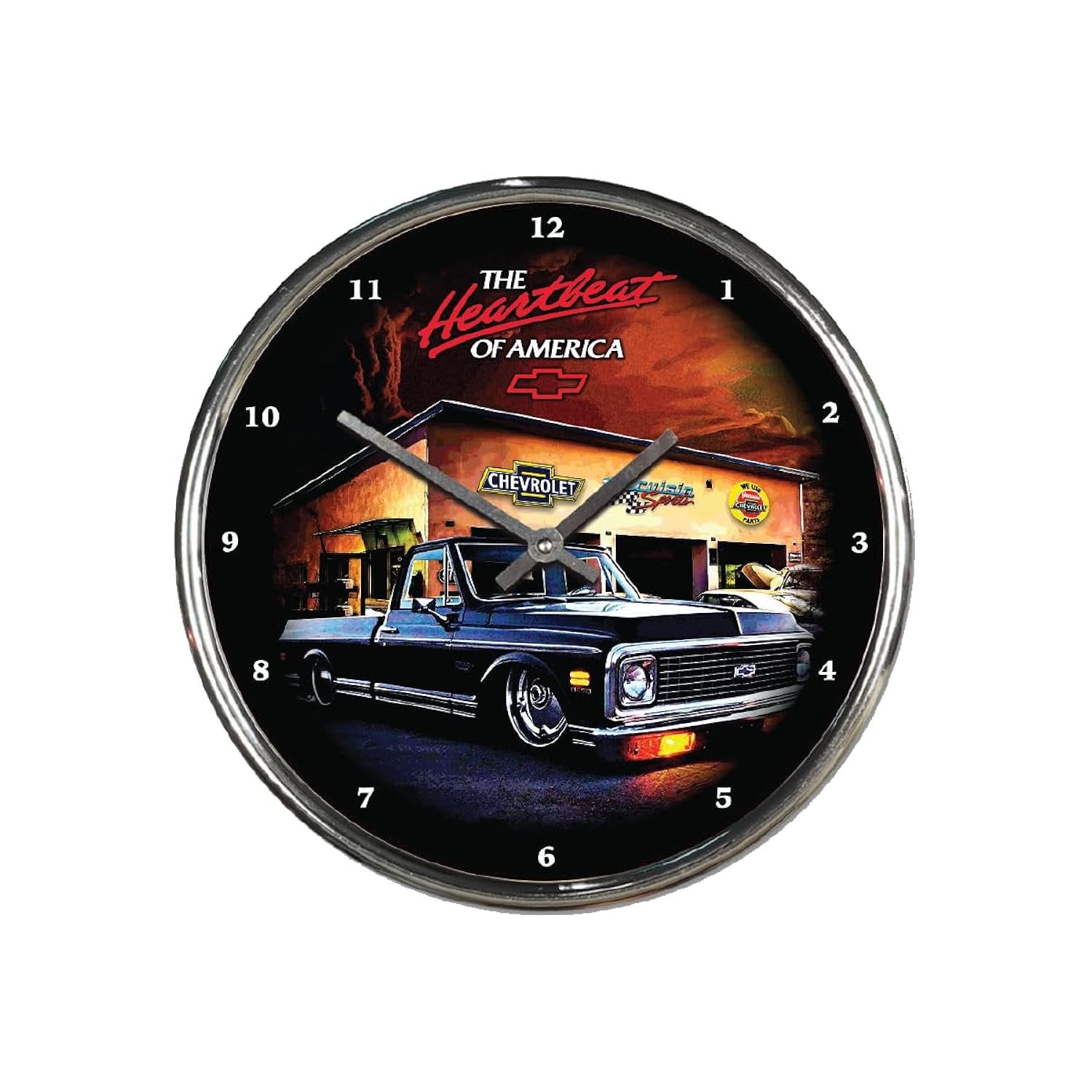 Heartbeat of America Chevy Trucks Chrome Wall Clock – Official Chevrolet Truck Design – 12" Chrome-Plated Quartz Analog Clock with Metal Hands – Printed Graphics