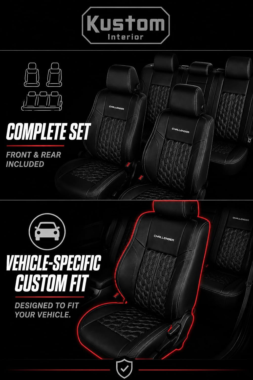 Custom Fit Seat Covers for 2007-2018 Jeep Wrangler JK 4 Door – Front & Rear Set of 4, Premium Artificial Leather w/ Embroidered Logos (All Black (White Stitching)