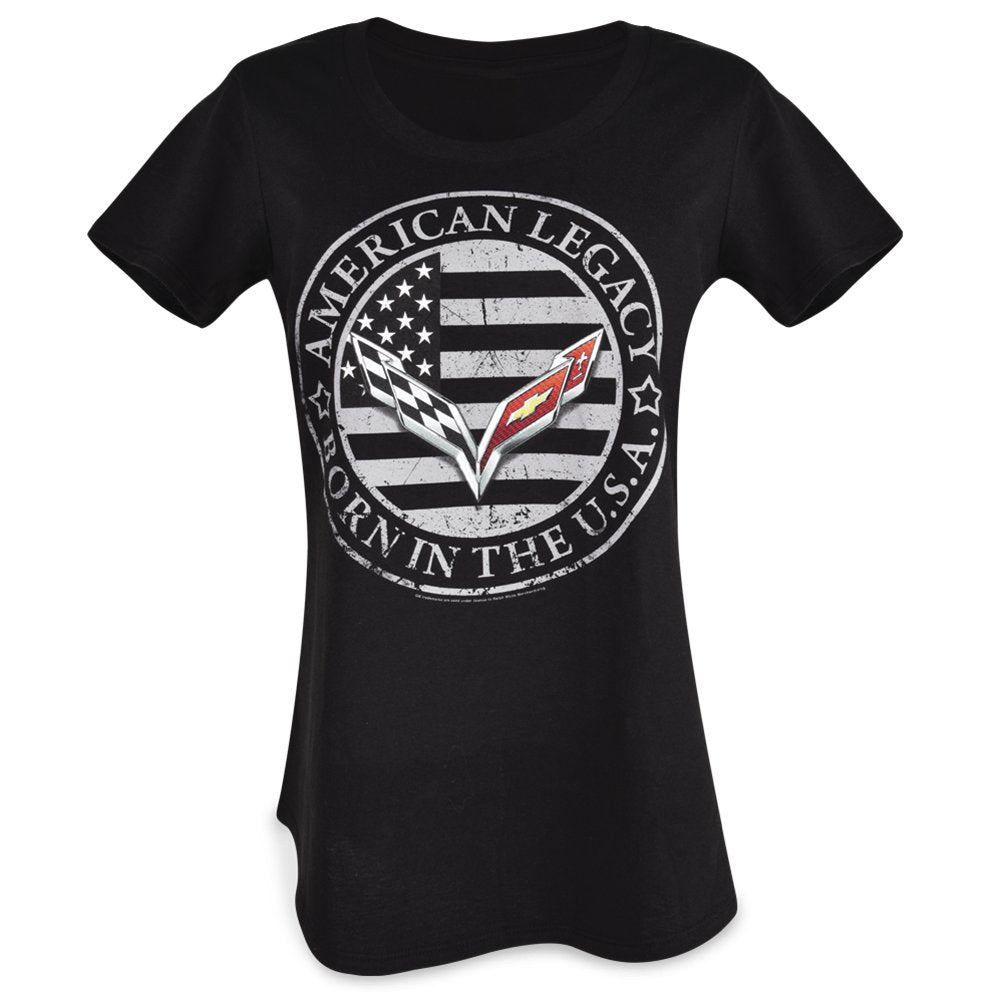 C7 Corvette Born in The USA American Legacy Ladie's T-Shirt : Black (Small)