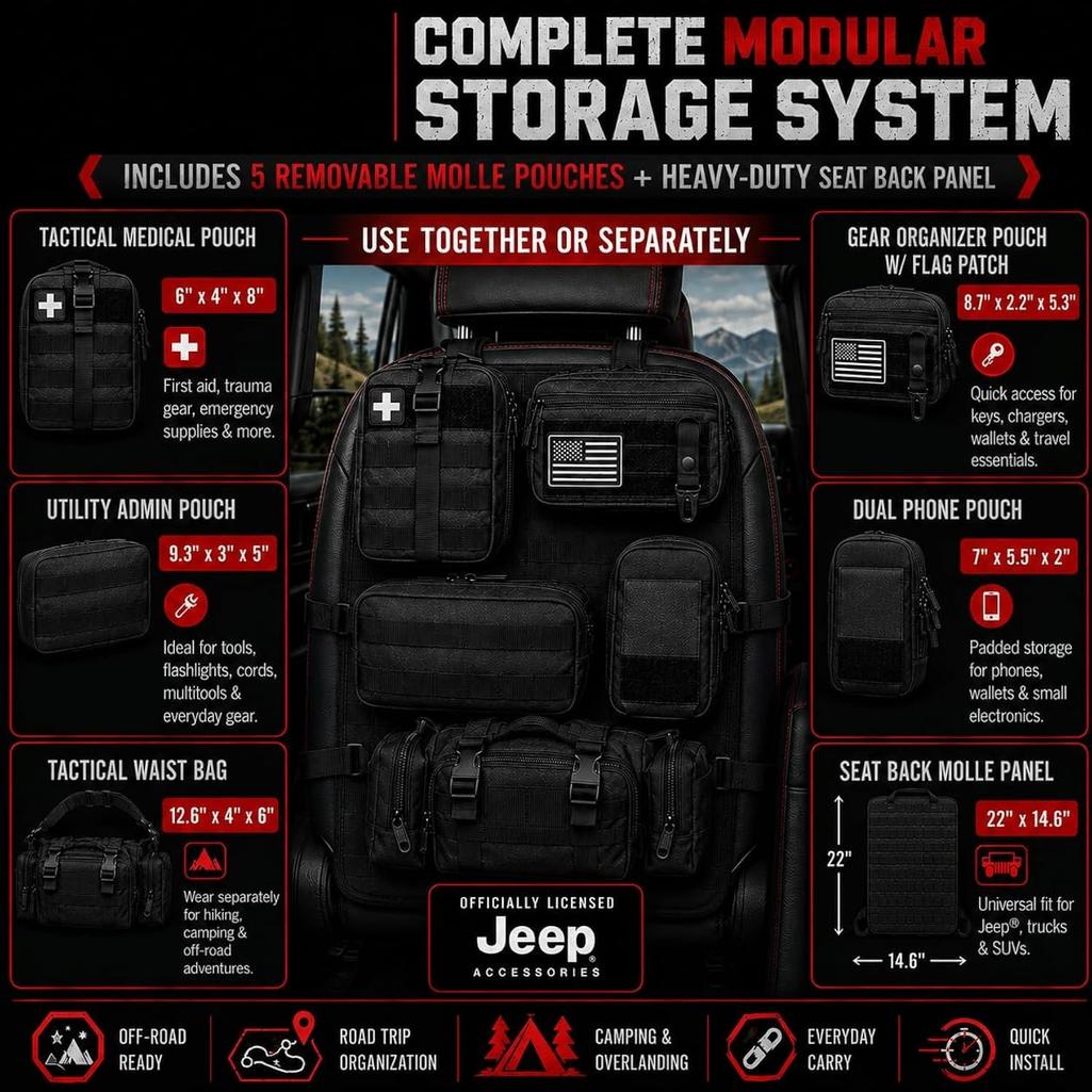 Car Seat Back Organizer with 2 Interchangeable Rubber Patches – Heavy Duty 600D Polyester Multi-Pocket Storage Organizer, Seat Protector Kick Mat for Jeeps