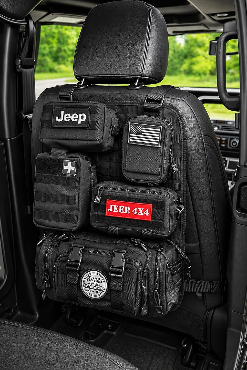 Universal Car Seat Back Organizer with 2 Interchangeable Rubber Patches – Heavy Duty 600D Polyester Multi-Pocket Storage Organizer, Seat Protector Kick Mat for Cars, SUVs, Trucks & Jeeps