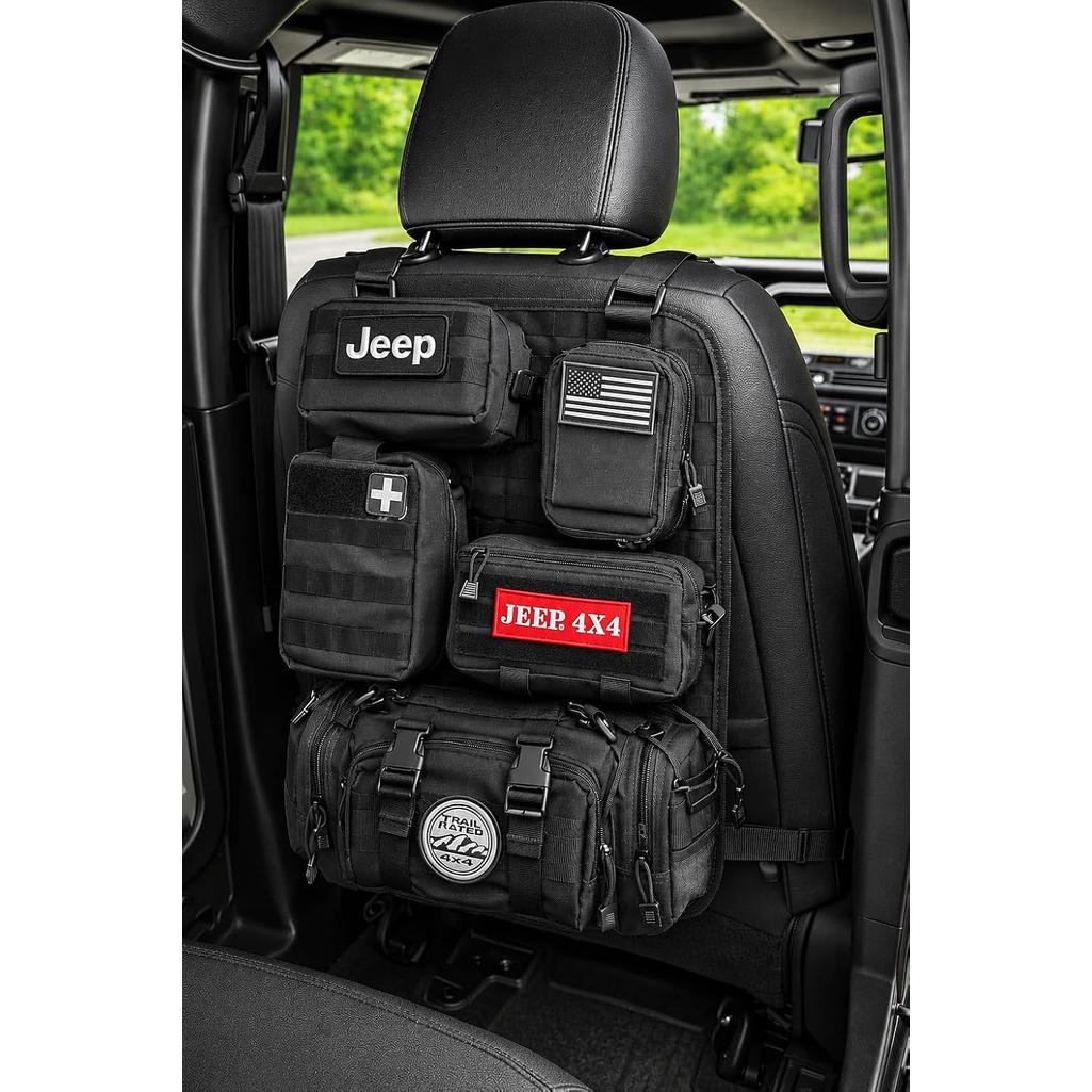 Car Seat Back Organizer with 2 Interchangeable Rubber Patches – Heavy Duty 600D Polyester Multi-Pocket Storage Organizer, Seat Protector Kick Mat for Jeeps