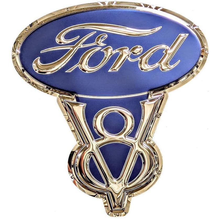 Classic Ford V8 Stainless Steel Wall Hanging Sign - Blue/Chrome : 26" x 23"