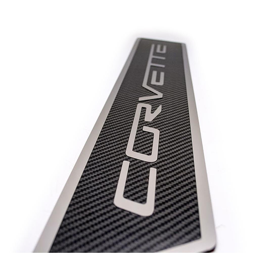 C6 Corvette Door Sill Plates - Stainless Steel Corvette Script with Carbon Fiber Overlay