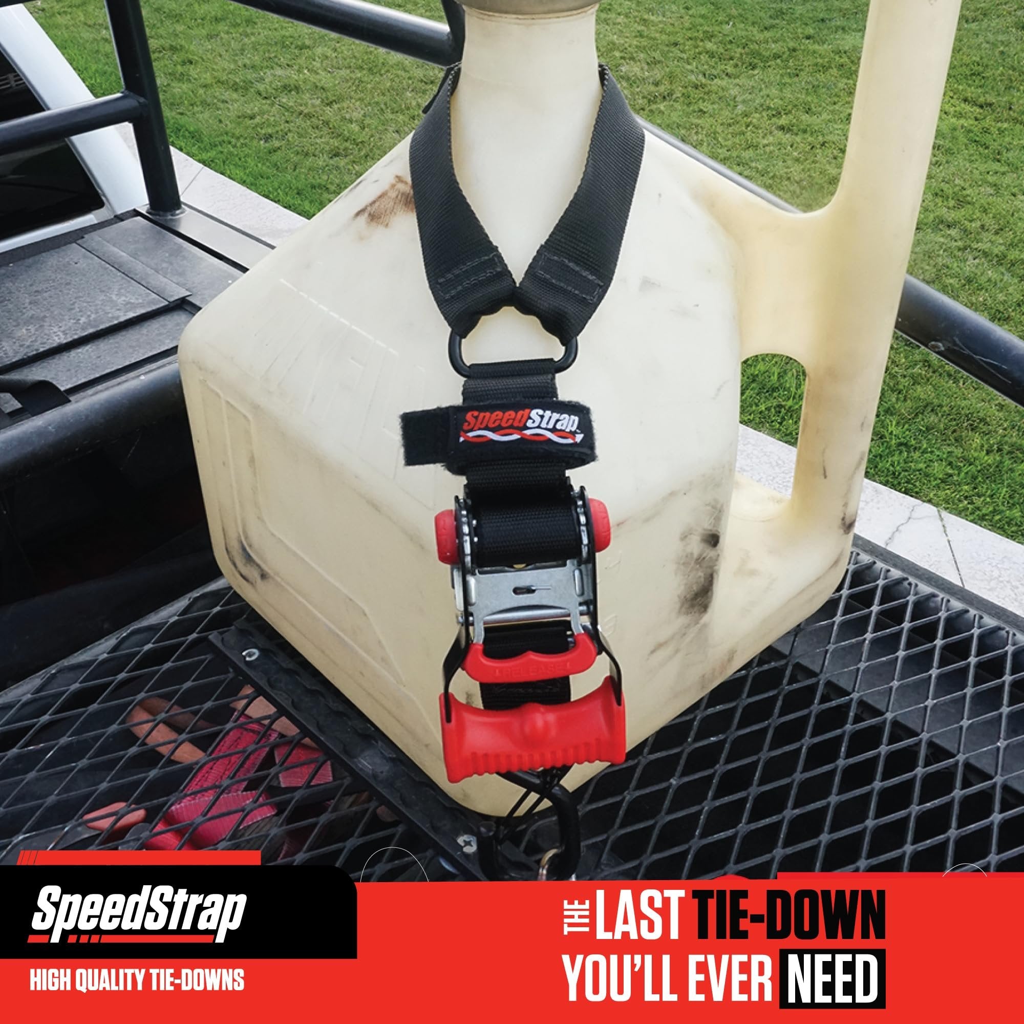 SpeedStrap Fuel Jug Tie Down. Ideal for Gas Cans, Dump Cans, Utility Jugs & Jerry Cans. Fits Most 2.5, 5 & 10 Gallon containers. - Black (1 Tie Down)